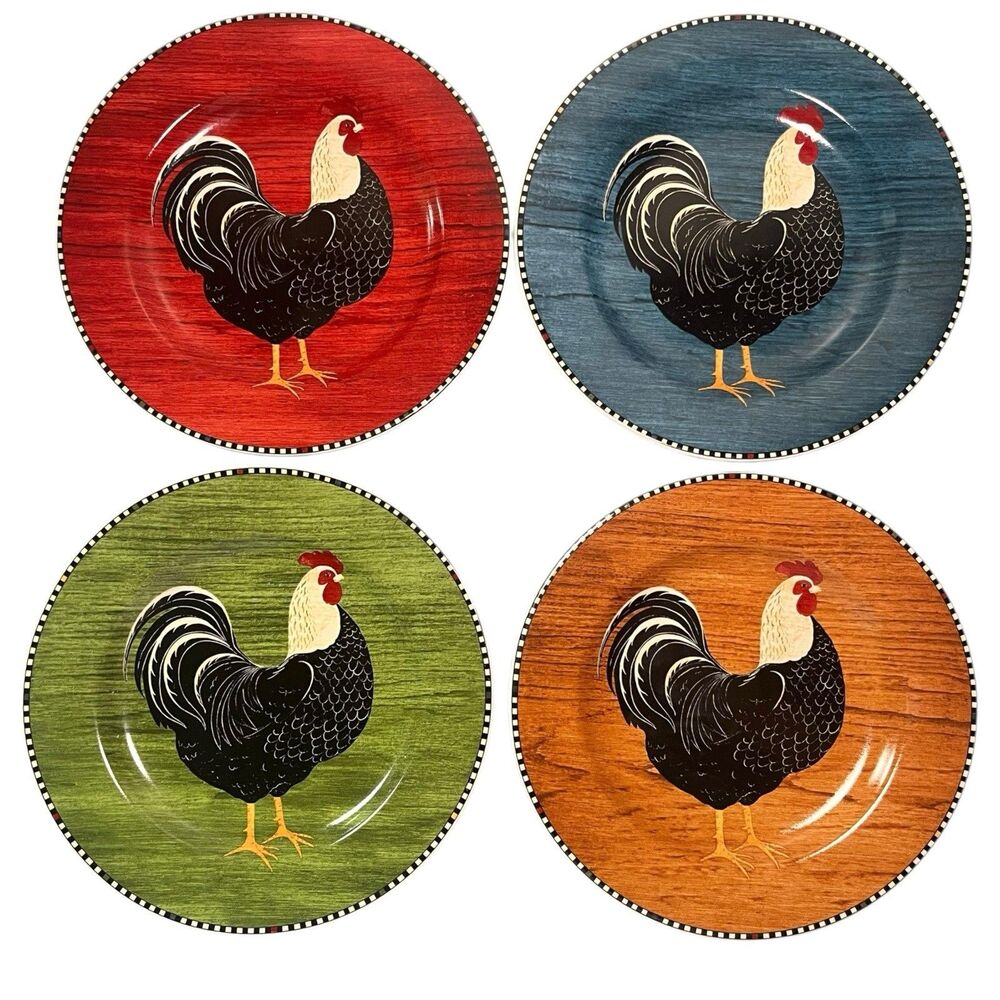 Vintage 1999 Rooster By Warren Kimble Sakura Set Of 4 Ceramic Salad Plates CUTE!